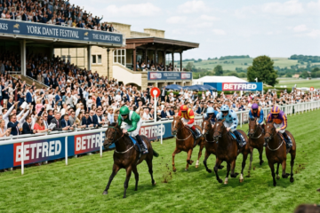 Five racehorses with jockeys racing on grass turf near a cheering crowd at York Racecourse