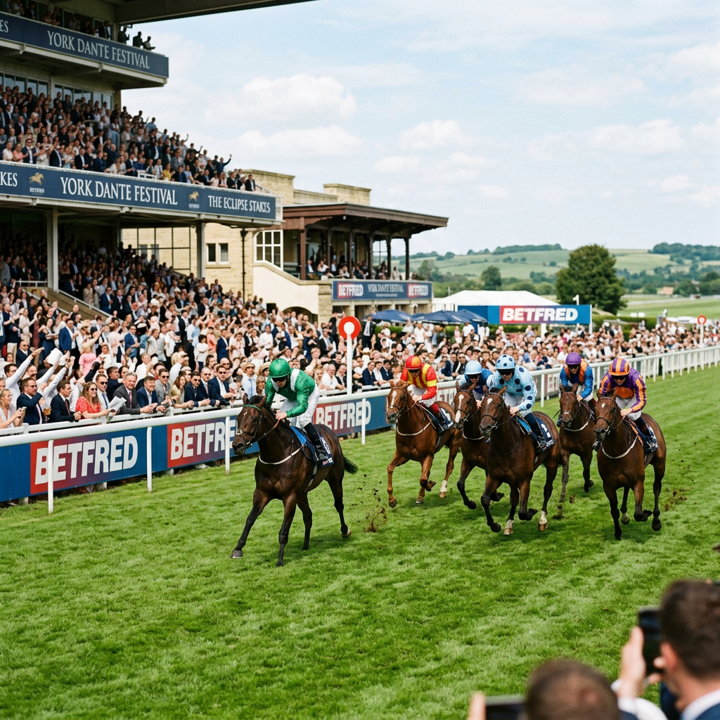 Five racehorses with jockeys racing on grass turf near a cheering crowd at York Racecourse